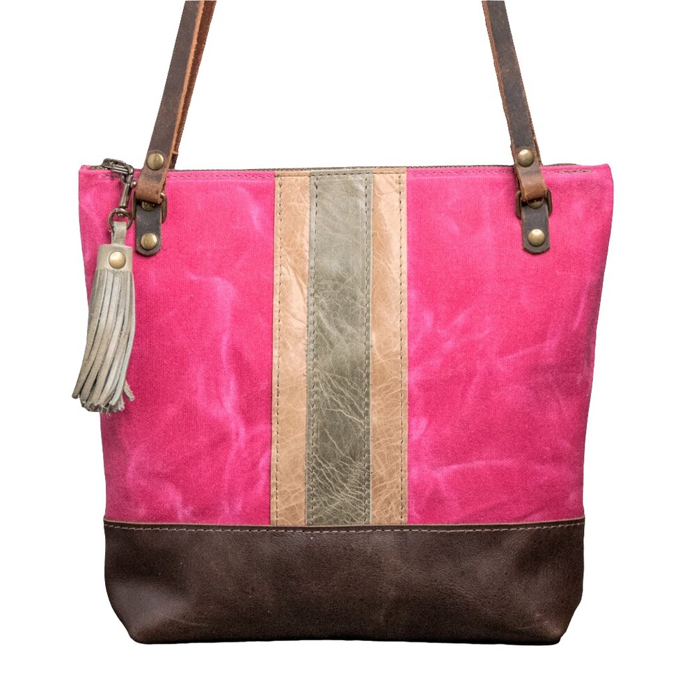 Handmade Leather & waxed canvas Tote Bag * Zipper Top * Pink with Brown Stripe